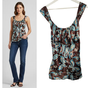 Satin Paisley Print Babydoll Top Women's Size 1X Brown Blue Sleeveless Tie Waist